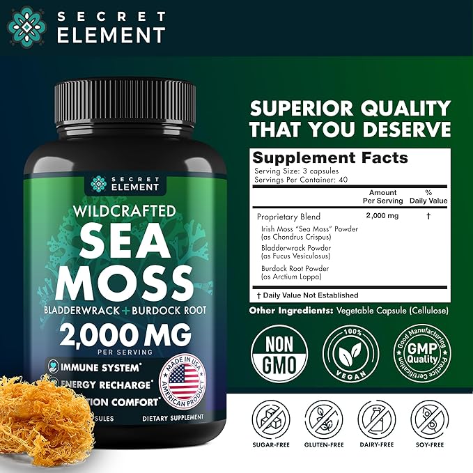 Sea Moss Capsules - Irish Sea Moss Advanced with Burdock Root, Bladderwrack & Muira Puama for Immunity, Gut, & Energy - Superfood Sea Moss Supplements w/Raw Sea Moss Powder - 120 Irish Seamoss Pills