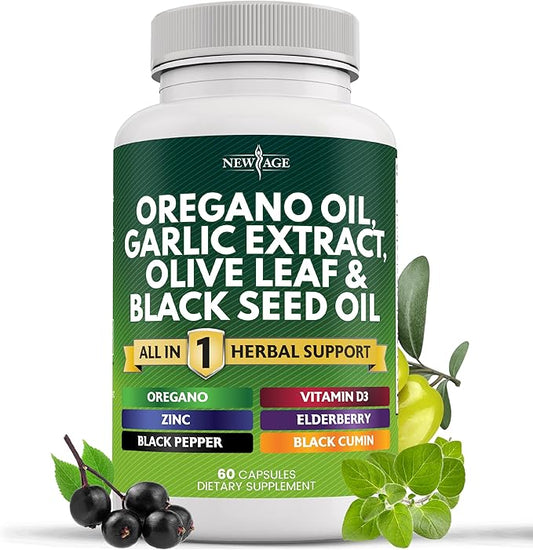 NEW AGE Oregano Oil Garlic Extract Olive Leaf with Astragalus - Supplement for Women and Men - 60 Count
