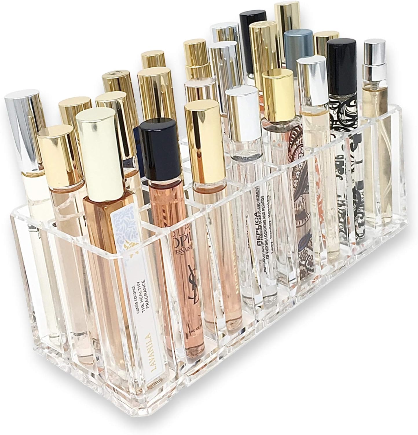 BY ALEGORY Acrylic Rollerball Perfume Organizer Beauty Scent Holder 24 Space Organization Refillable Container Tall Scented Oil Storage Display Case