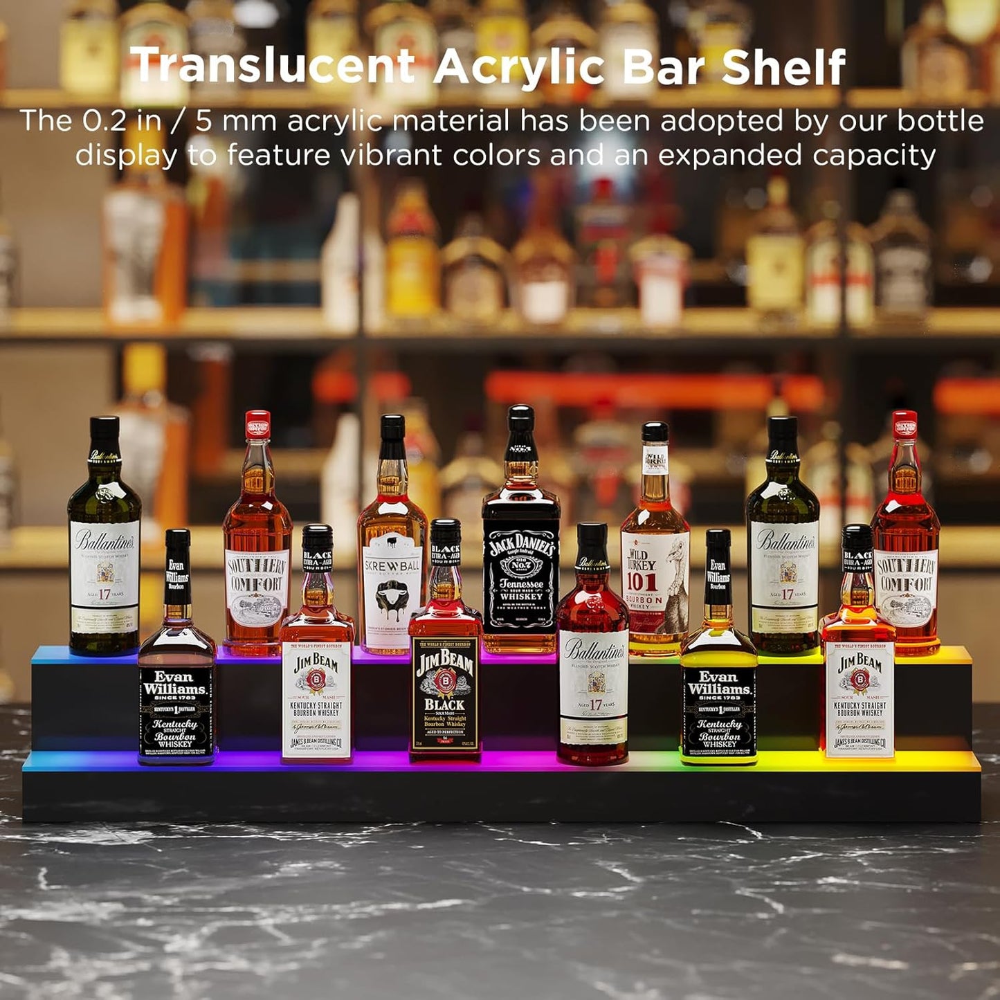 Dethan 2 Tier 40 Inch Liquor Bottle Display Shelf - Wine Racks with Multi-Color App & Remote Control, Adjustable Brightness & Sound Modes, Acrylic Bar Shelves for Commercial Clubs