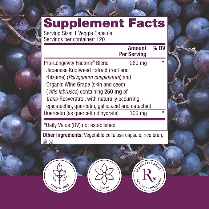 Reserveage Beauty, Resveratrol 250 mg, Antioxidant Supplement for Heart and Cellular Health, Supports Healthy Aging and Immune System, Paleo, Keto, 120 Capsules