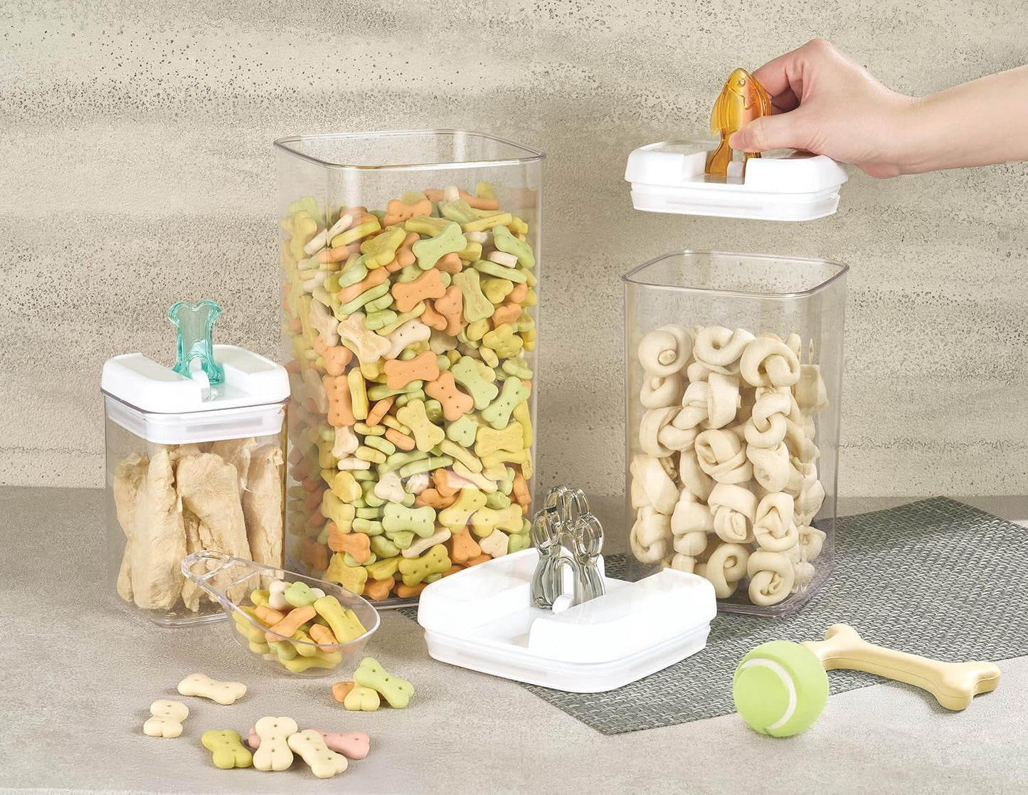 Felli Flip Tite Pet Food Container with Airtight Lids, BPA FREE Acrylic Canister with Paw Bone Fish Flip Top Handles for Cat Dog Kibble Treats Storage, Keep Fresh (Pet Collection Nest-L 3pk)