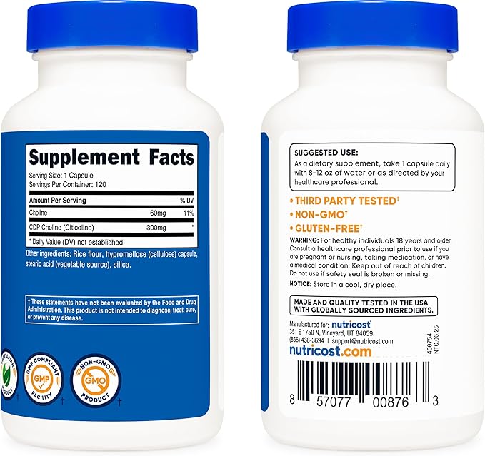 Nutricost CDP Choline (Citicoline) 300mg, 120 Vegetarian Capsules - Non-GMO, Vegetarian Friendly, Gluten Free