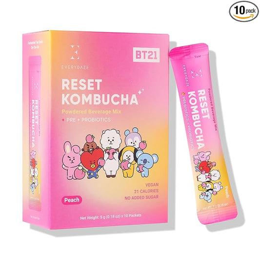 Everydaze BT21 Reset Kombucha Tea Powdered Beverage Mix | 10 Sticks | Prebiotics + Probiotics | Vegan | No Added Sugar, Gluten Free, Sparkling Powder Drink Pack (Peach)