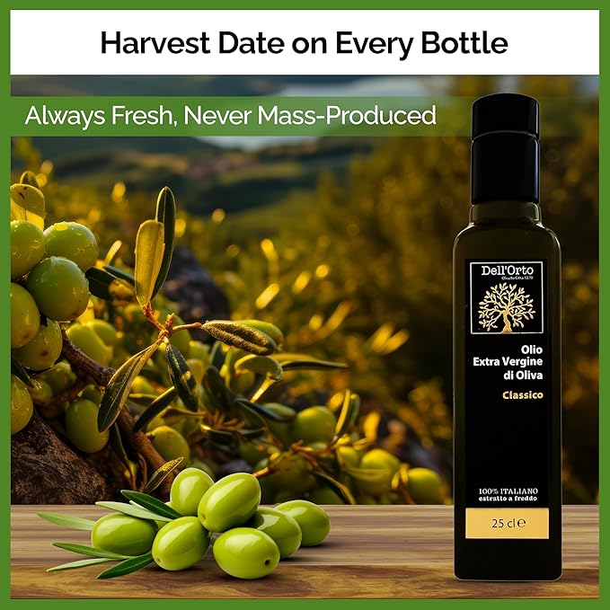 Dell'Orto Classic Ultra Premium Extra Virgin Olive Oil (250ml) | Award-Winning, First Cold Pressed | Low Acidity, Polyphenol Rich Olive Oil | Harvest Date, Campania Family Estate | 8.45 fl oz