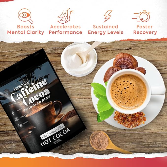 Prosper™ Caffeine Cocoa – Sugar-Free Superfood Hot Chocolate & Coffee Alternative | Vegan, Dairy-Free | Reishi Mushroom & L-Theanine for Focus & Jitter-Free Energy | High-Flavanol Cacao | 30 Servings