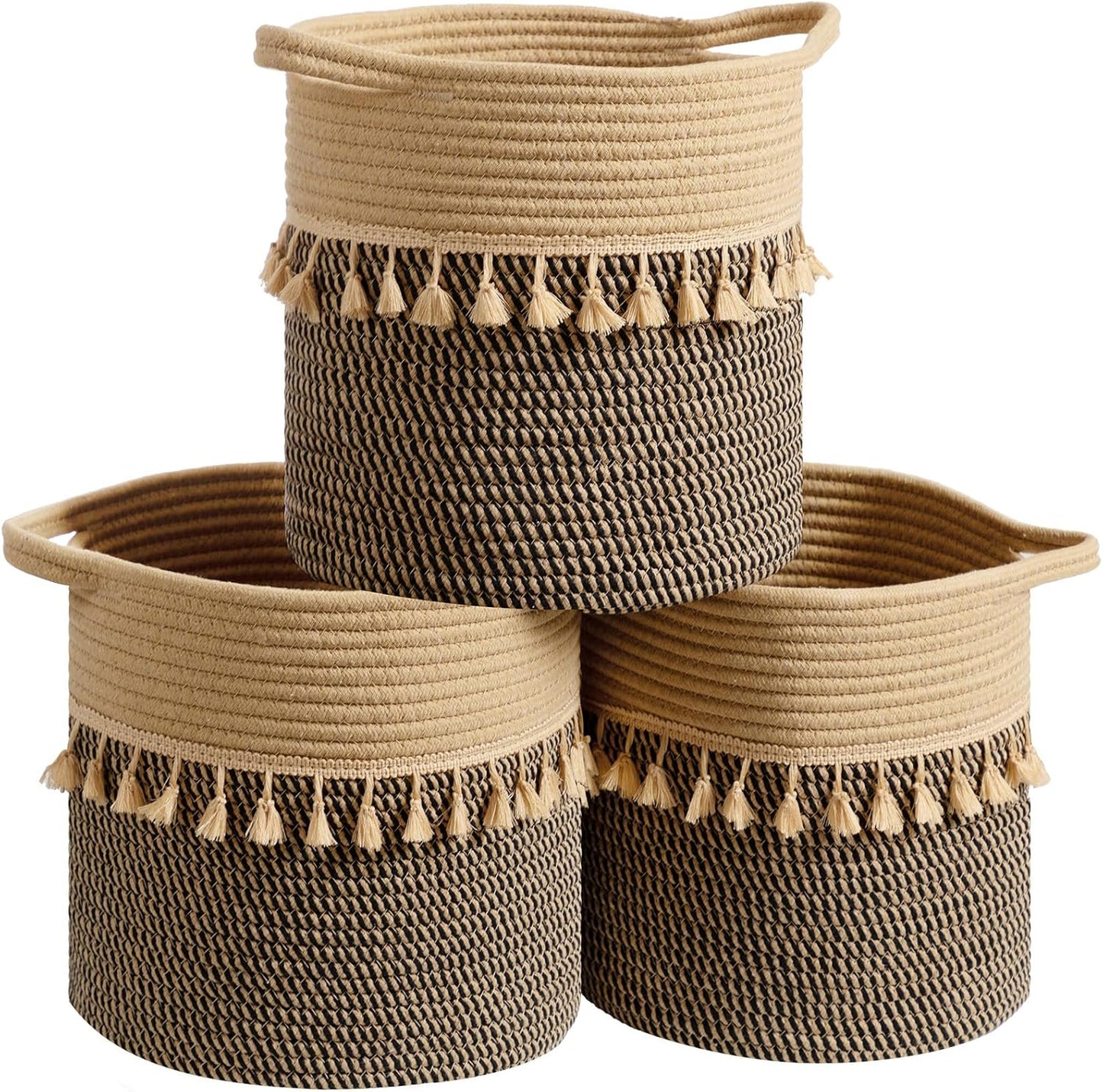 danpinera Pack of 3 Storage Baskets, 11"x11" Round Woven Baskets, Cotton Rope Basket for Storage Pillows, Towels, Toy, Clothes, Magazines, Black & Brown