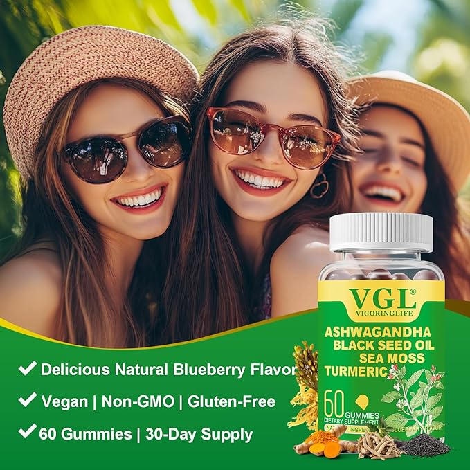 Ashwagandha Gummies for Women & Men - Vegan, Non-GMO, Gluten Free, Ashwagandha Supplements for Stress Relief, Blueberry Flavor, 60 Count