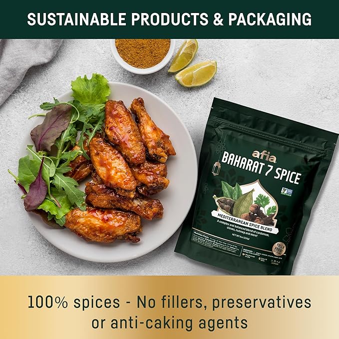 Afia Baharat 7 Spice Blend – Premium Levantine Seasoning with Coriander, Cinnamon, Cloves, Black Pepper, Cumin & Cardamom – Bold Middle Eastern & Mediterranean Flavor for Meats, Rice & Stews, 8 oz