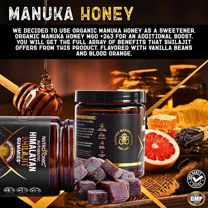 Organic SHILAJIT Gummies by NutroTonic | Cane Sugar Free, Sweetened by Organic Manuka Honey | Clean Formula | Natural Fulvic & Humic Acid | Heart & Brain, Cellular Health | 30 Healthy Gummies (1)