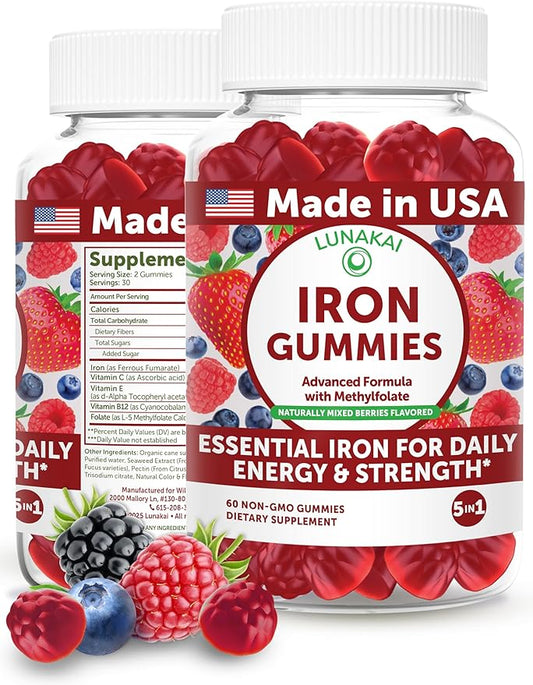 Lunakai USA Made 100% Daily Value Iron Gummies with Vitamin C, B12 & Methylfolate – Vegan Iron Supplement for Women, Men & Kids – Non-GMO Iron Gummy for Energy & Strength, 60ct