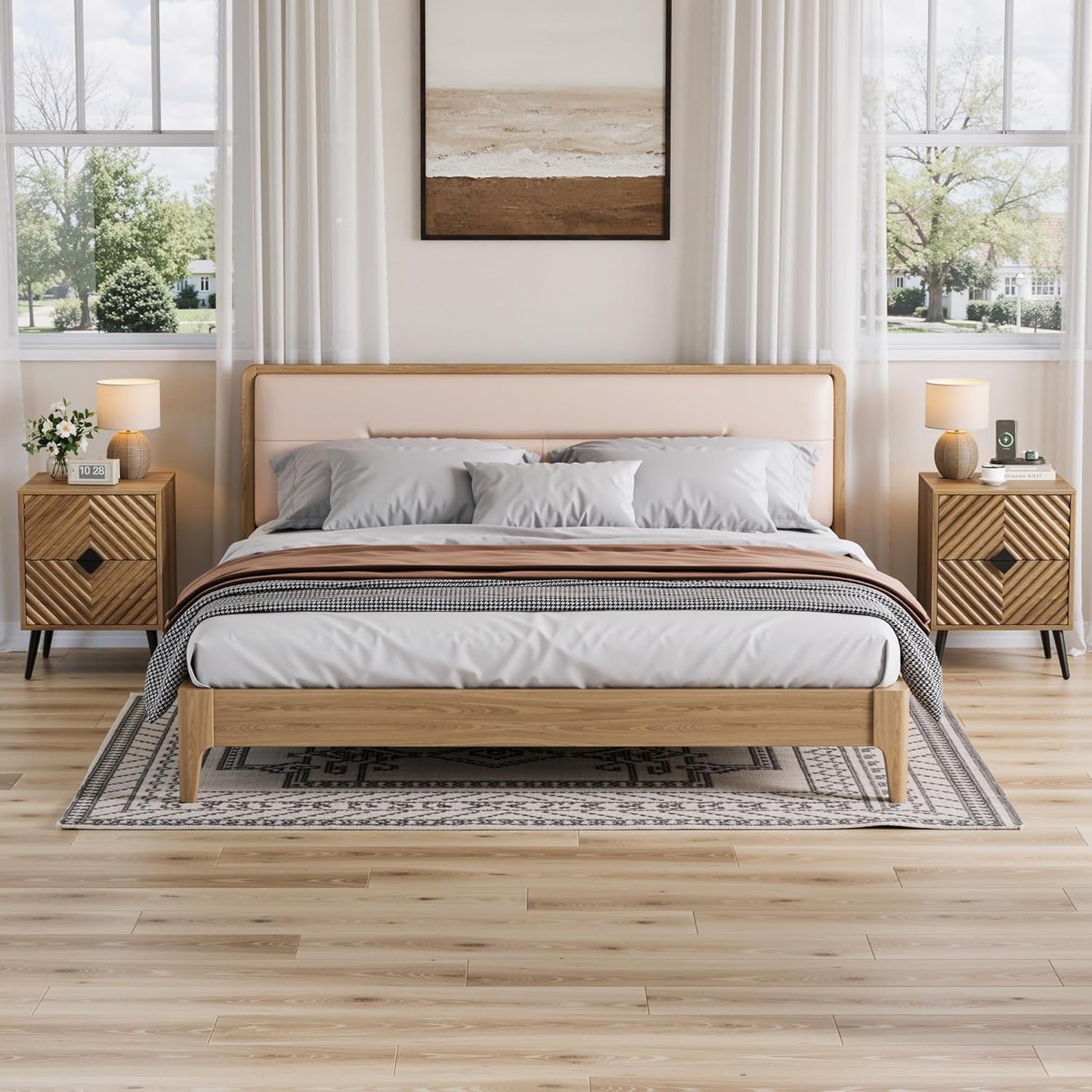 Nightstands, Walnut Night Stand with Diamond-Patterned Drawer Decor, Mid Century Modern Nightstand, Bedside Table with Diamond Handle, End Tables Bedroom with Metal Legs, Night Stand for Bedroom