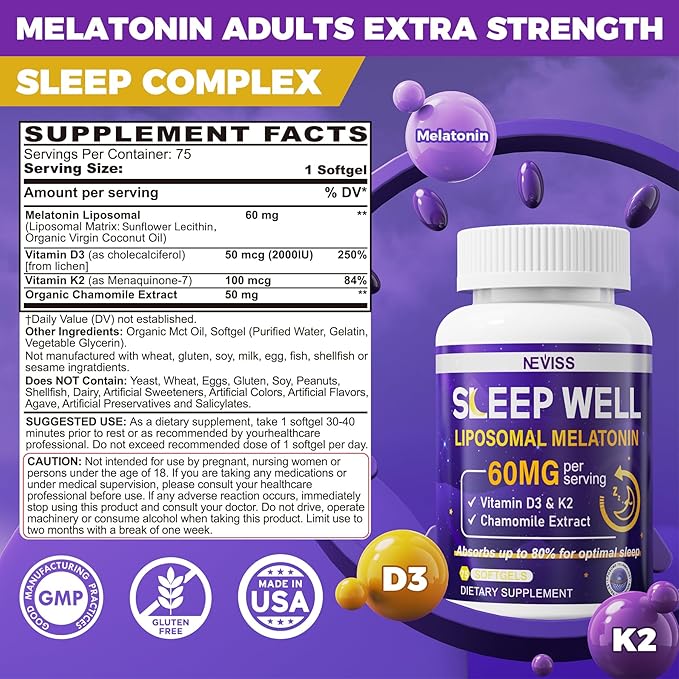 Melatonin 60mg for Adults High Dose, Supports Deep Rest & Brain Cognition, Extra Strength Liposomal Melatonin with Vitamin D3 K2, Chamomile, for Sound Zzz Cycle, Immune & Antioxidant, 150 Softgels