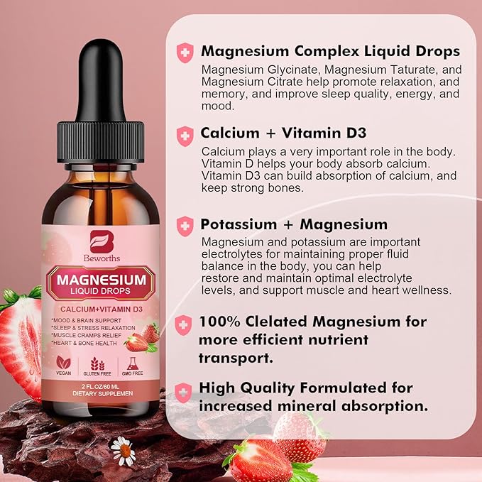 Magnesium Liquid Drop, Magnesium Glycinate Supplement Complex with Magnesium Taurate, Citrate, Calcium, Potassium, Vitamin, Zinc - Support Relaxation, Energy and Bowel Health