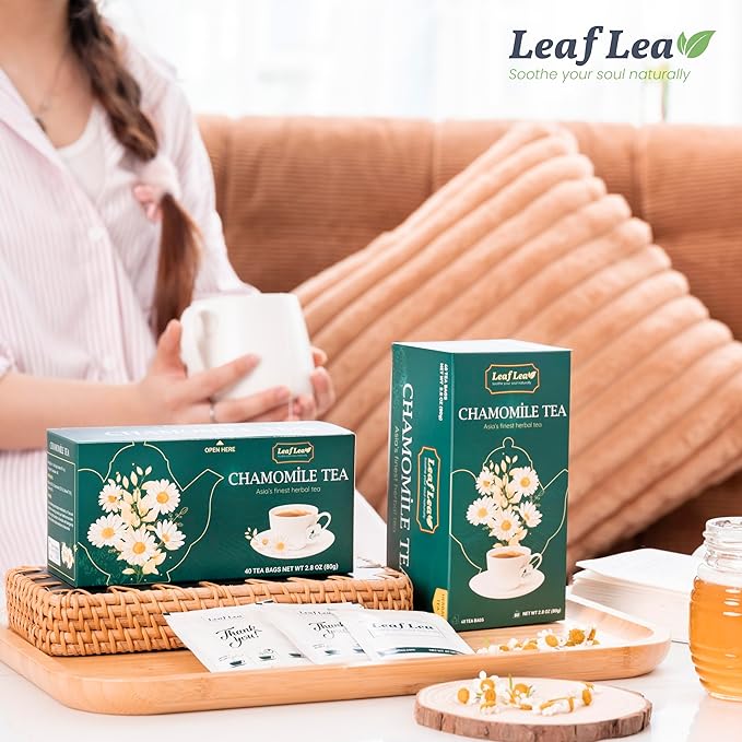 LeafLea Chamomile and Black Tea Blend, Chamomile Tea Bags, Black Tea & Pure Camomile Flowers, Manzanilla Tea Bags Stress Relief, Vegan, Supports Digestion, Ideal Wellness Gift Box | 80 Bags