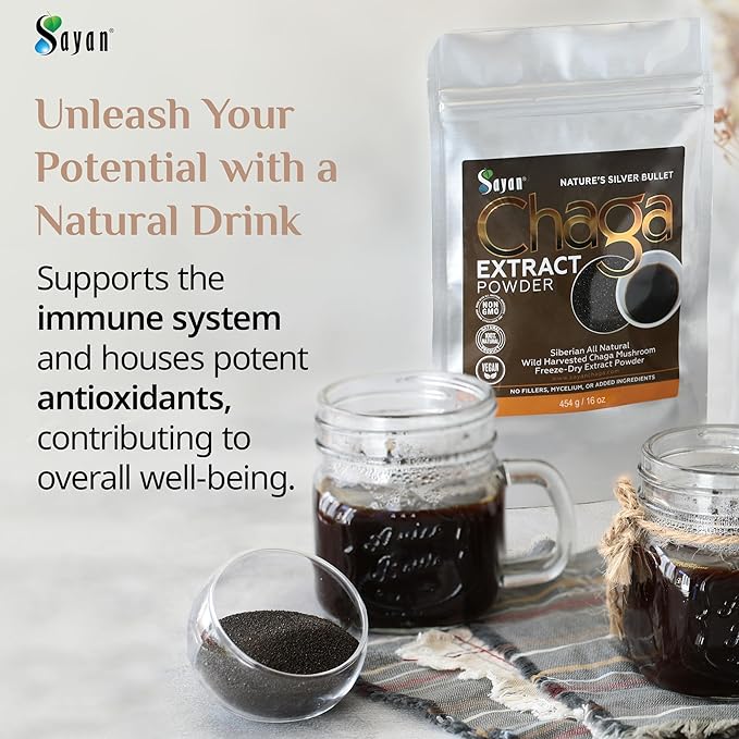 Sayan Chaga Mushroom Extract Powder (1 Lb) – Freeze Dried Siberian Wild Harvested - Organic Antioxidant Tea for Immune and Digestion Support - Focus, Energy, Clarity, Wellness - No Additives