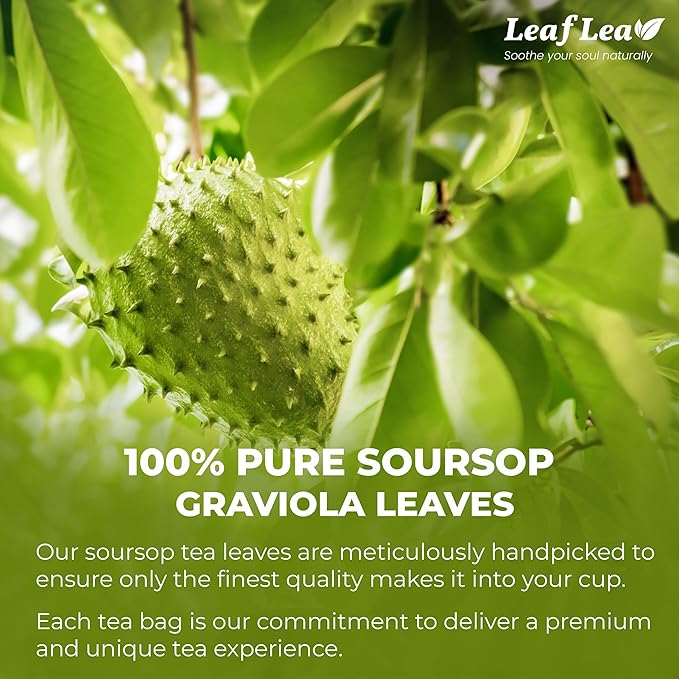 LeafLea 40 Premium Soursop Leaf Tea Bags, Pure & Natural Sour Sop Leaves, Graviola Leaves Tea, Hoja Guanabana Tea, Natural Digestion Support Herbal Tea Bags, Nutrient-Rich, No Sugar, No Caffeine