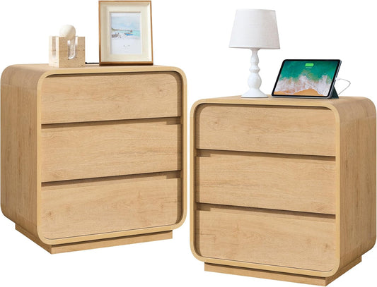 Modern Nightstand Set of 2, 23.2" Large Wood Night Stand with Charging Station & Curved Profile, 3 Storage Drawers Dresser Bedside Table, Mid-Century End Table for Bedroom Sofa, Natural