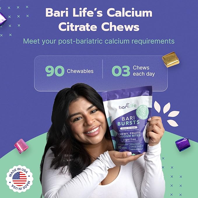 Calcium Citrate Bariatric Calcium Chews with 1000 IU Vitamin D3 - Ideal for Bariatric Patients - BariBurst by Bari Life (Lemon Lime)