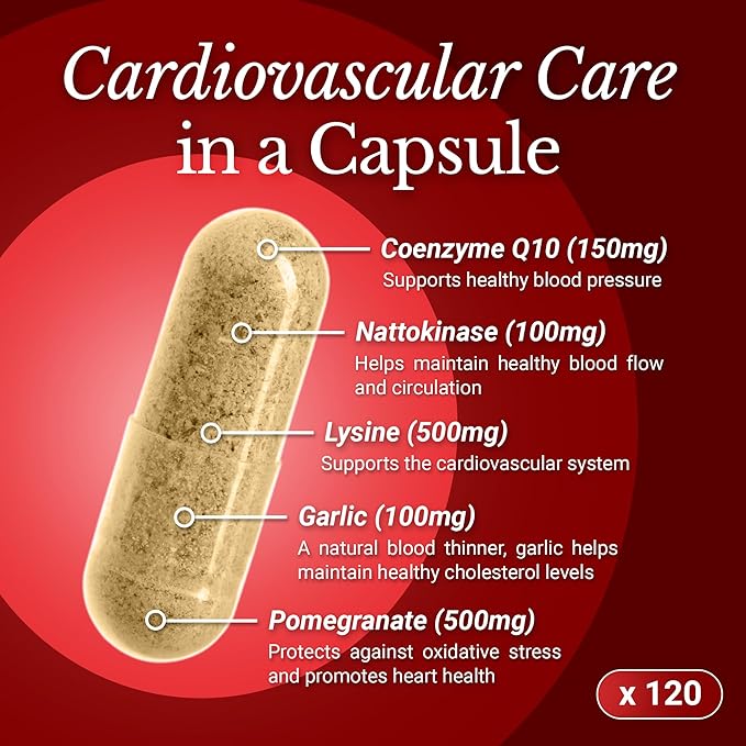 CoQ10 Cardiovascular Supplement 150mg – Coenzyme Q10, Nattokinase, Pomegranate, Garlic & Lysine for Blood Cholesterol, Circulation, Heart Plus CoQ10 Supplement for Men & Women, 120 Capsules by Rhoziva