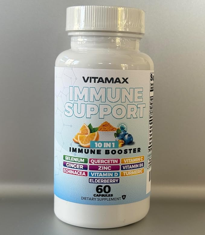10-in-1 Immune System Support Booster with Elderberry, D3, Selenium, Quercetin, Zinc, Vitamin C, Ginger, Turmeric Curcumin, B6, Echinacea – Natural Immune Defense – Made in USA (60 Count (Pack of 1))