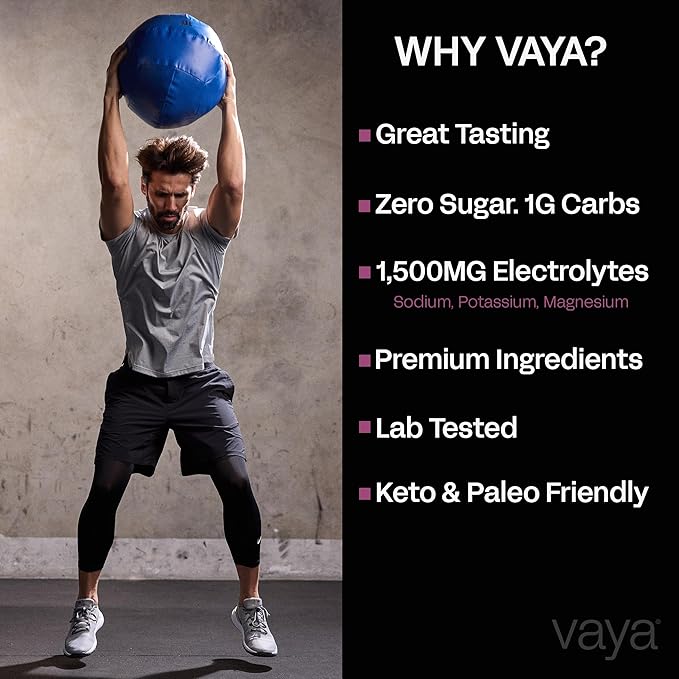 Vaya Sugar Free Electrolyte Powder – 24 Stick Pack Variety – 1,500mg Electrolytes + Vitamin C & Zinc – Keto Hydration Drink Mix – Raspberry, Grape, Lemon Lime, Watermelon