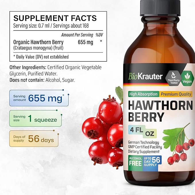 BIO KRAUTER Hawthorn Berry Extract Tincture - Natural Hawthorne Berry Supplement - 100% Pure Formula - Vegan Sugar & Alcohol Free - 4 Fl. Oz. - 56 Day of Supply