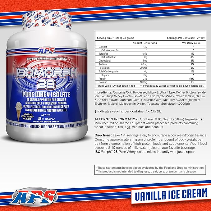 APS Nutrition Isomorph 28 Protein Powder | Pure Whey Isolate | Cold Pressed, Ultra- Filtered, & Ion Exchange Isolates | 28g Protein | 5 Pound (Vanilla Ice Cream)