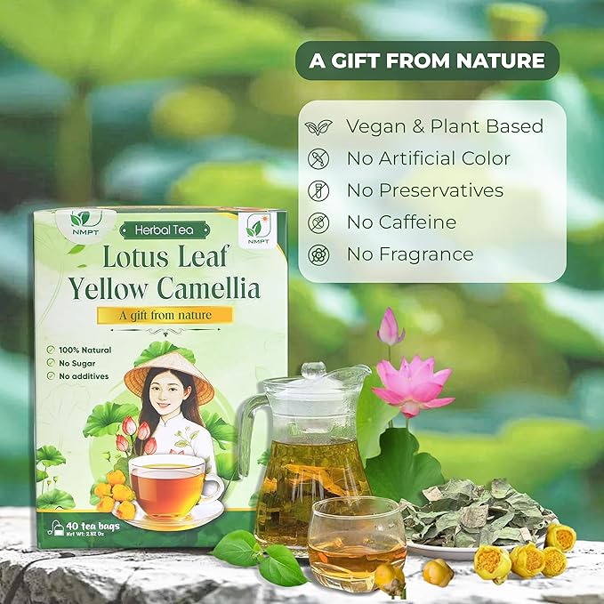 NMPT Dried Lotus Leaf Yellow Camellia Tea, Handpicked, Organic Herbal Tea, 40 Sachets, Cold-Dried, Gluten-Free, No Added Sugar, Mild Sweet Flavor, Supports Overall Health
