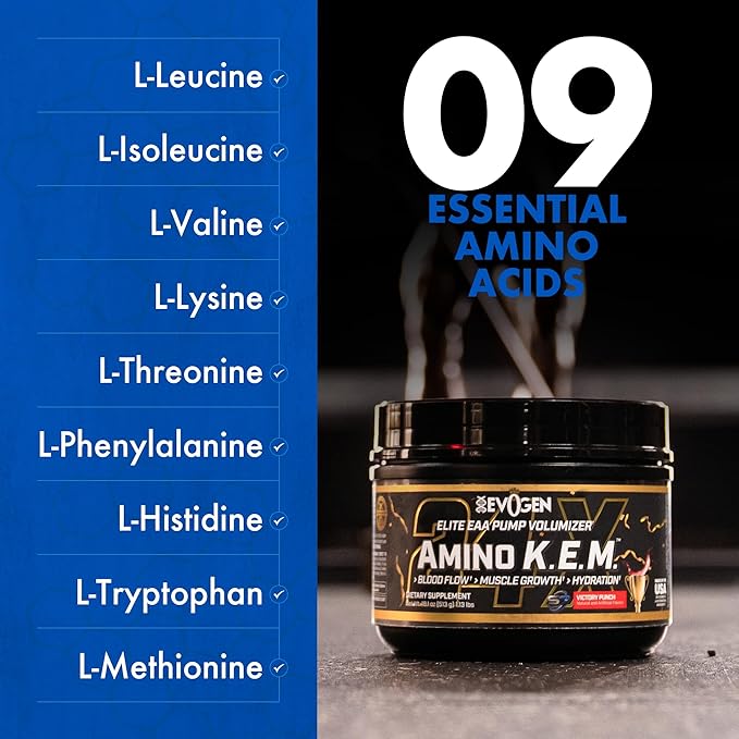 Evogen Amino K.E.M. - EAA & BCAA Powder Pump Volumizer | BCAAs Amino Acids Supplement for Blood Flow, Muscle Growth, & Hydration | Victory Punch | 30 Servings