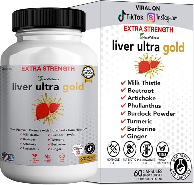 Liver Ultra Gold Extra Strength Supplement, 60 Veggie Capsules, Natural Liver Support with Milk Thistle, Beetroot, Artichoke, 30 Day Supply (1)