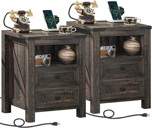 Nightstands Set of 2 with Charging Station, Farmhouse Night Stand with 2 Drawers and Shelf Storage, Wooden Side End Table, Bedside Cabinet for Bedroom, Living Room, Closet,Office (Dark Drey)
