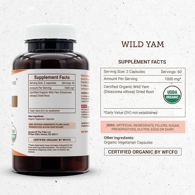 Secrets of the Tribe Wild Yam USDA Organic 120 Capsules | Made with Organic Vegetarian Capsules and Responsibly farmed Organic Wild Yam (Dioscorea Villosa) Dried Root (120 Capsules)