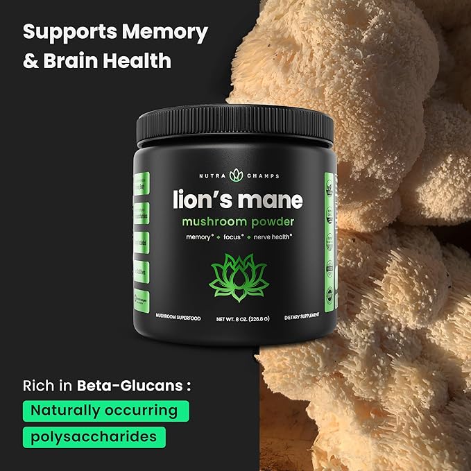 NutraChamps Organic Lions Mane Powder - 2000mg Powerful Nootropic for Memory, Focus, Immune Support - Vegan Lion’s Mane Mushroom Powder Supplement with Naturally Occurring Beta-Glucans - 8oz