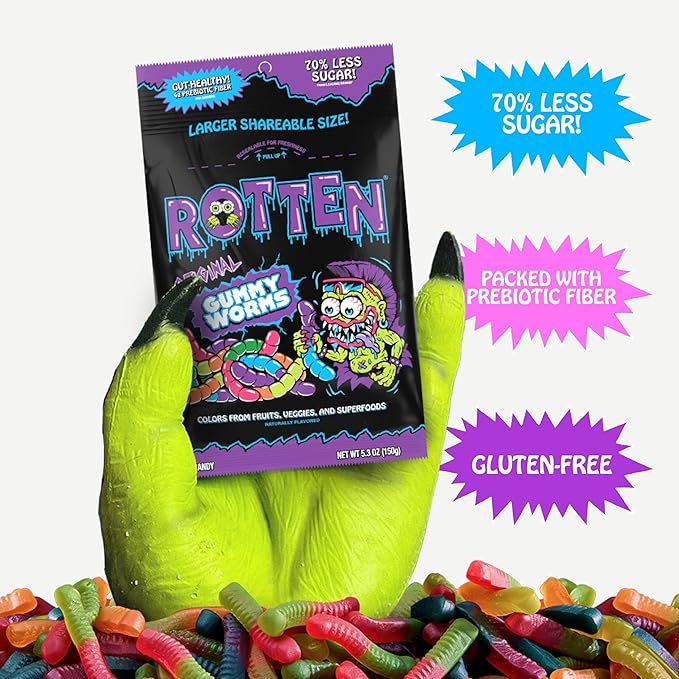 Rotten Original Gummy Worms - Low Sugar, Low Calorie, 7g Gut-Friendly Prebiotic Fiber and 3g Protein, Gluten Free Candy - 5.3 oz Share Pack [2 Pack]