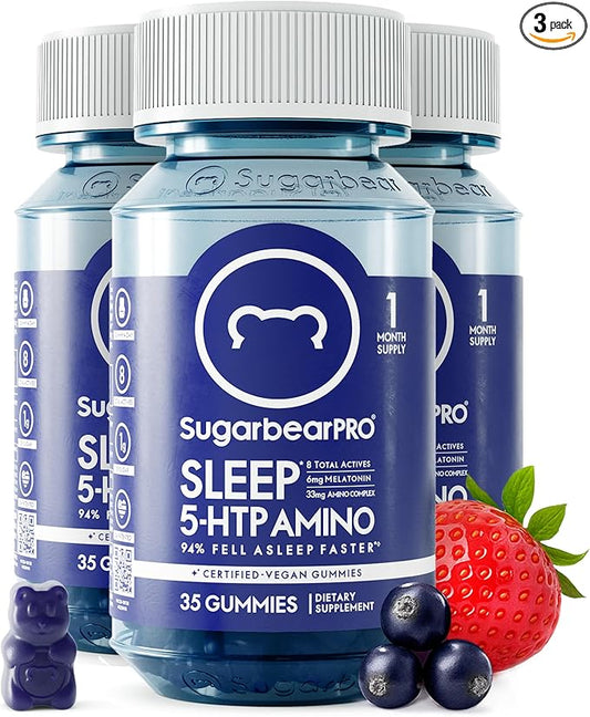 Sugarbear Sleep Gummy 3 Month Supply, Extra Strength Melatonin 6mg, for Men & Women, Vegan Vitamin B6, L-Theanine, 5 HTP, Valerian, Sleep Aid for Adults & Teens, Certified Kosher, Halal, Cruelty-Free