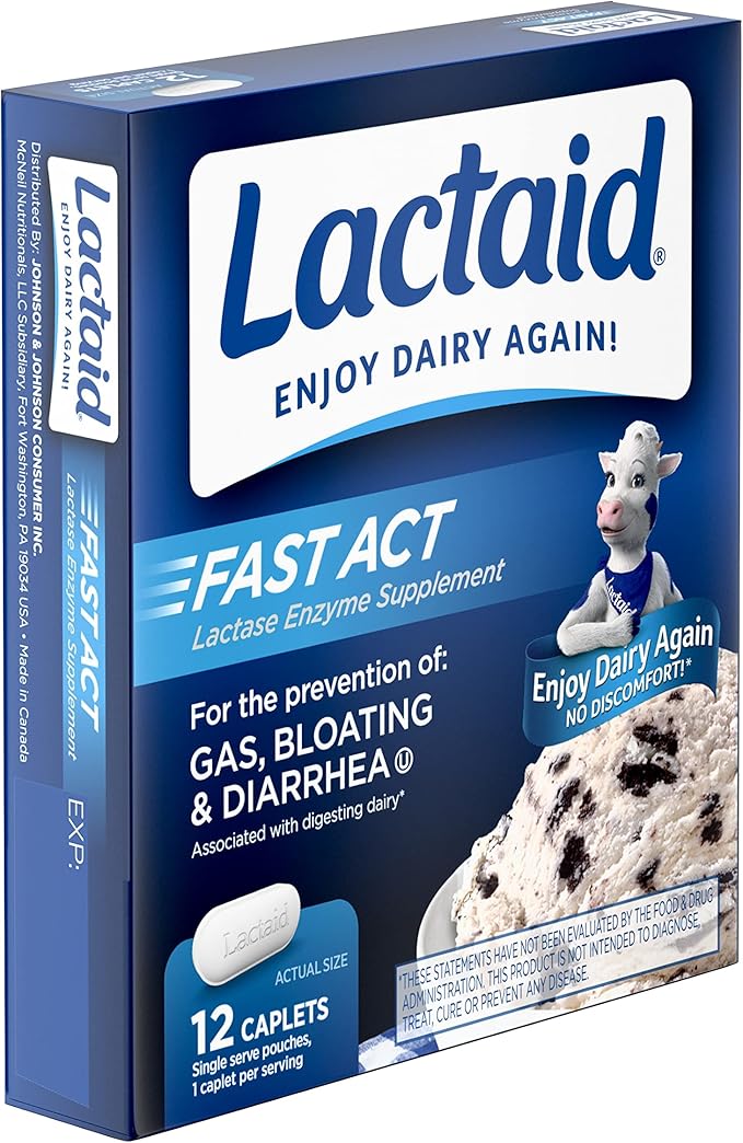 Lactaid Fast Act Lactose Intolerance Relief Caplets with Lactase Enzyme to Prevent Gas, Bloating & Diarrhea Due to Lactose Sensitivity, Ideal for Travel & On-The-Go, 12 Packs of 1-Count