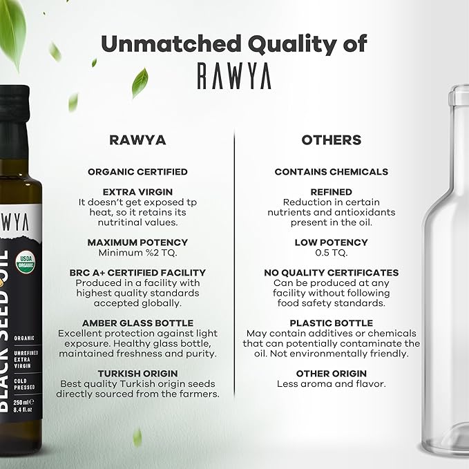RAWYA Black Seed Oil - USDA Organic Certified - Cold Pressed - 8.4 Fl oz - Extra Virgin - Turkish Black Cumin Seed - Premium Nigella Sativa with Thymoquinone - Kalonji - Non-GMO, Gluten-Free - Nutritional Supplements - Extra Strong Taste