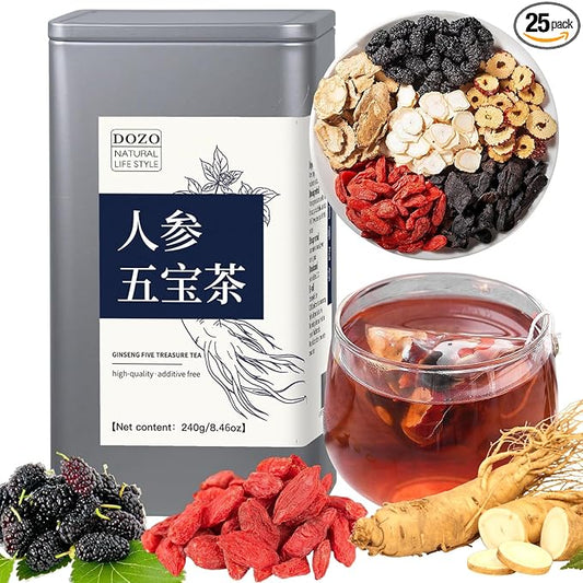 DOZO Ginseng Five Treasure Tea Men’s Maca Herbal Tea Wubao Tea 8.82oz/250g(25bag) Men's Kidney American Ginseng Raspberries Mulberries Red Dates Goji berries Maca 补肾茶 男人茶 人参五宝茶