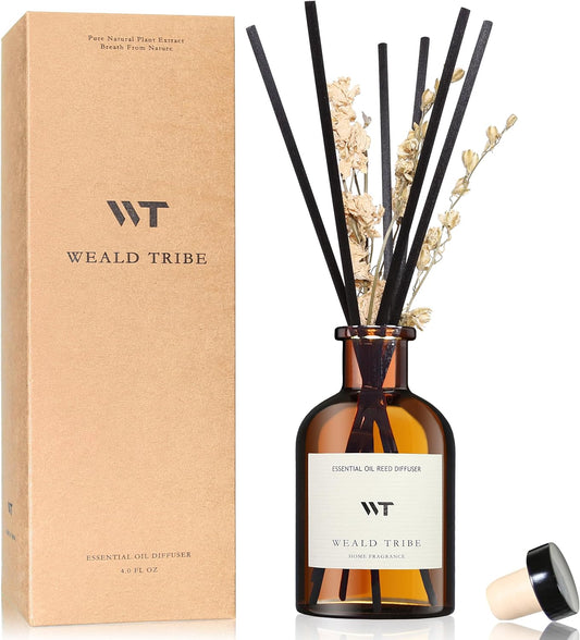 WEALD TRIBE Reed Diffuser Set for Bathroom Shelf Decor, Sticks Diffuser with Essential Oils Included | Early Summer Gardenia Scent 4.0 fl oz Fragrance Oil | Defusers for Home Apartment Essentials