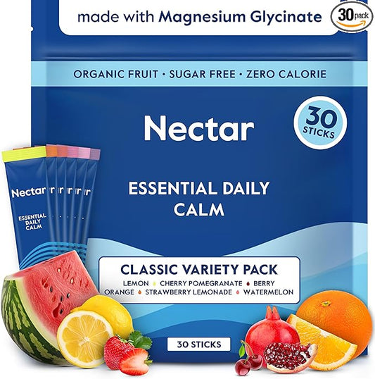 Nectar Calm Magnesium Glycinate Drink Mix - Sugar Free & Zero Calorie - with Organic Ashwagandha, Vitamin D, L-Theanine, Electrolytes - Deep Sleep, Relax, Focus & Calm - Non-GMO (Variety 30 Sticks)