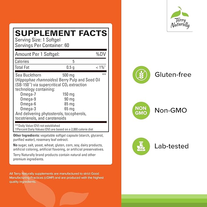 Terry Naturally Omega-7 - Dietary Supplement with Essential Fatty Acids - Nutritional Supplement to Support Skin Health with Sea Buckthorn, Berry Pulp & Seed Oil - 60 Softgels (Pack of 2)