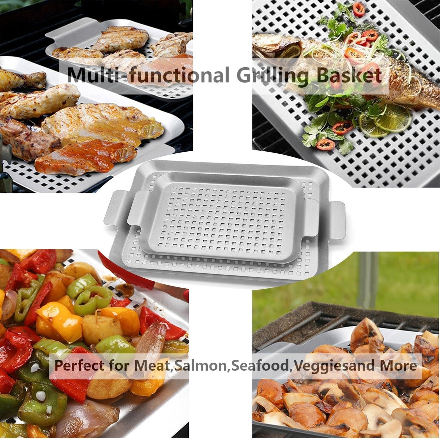 Grill Topper Non-Stick Stainless Steel BBQ Tray with Holes Outdoor Grilling Pans for Meat Vegetables Set of 2 (16.5" x10" and 13"x7.4")