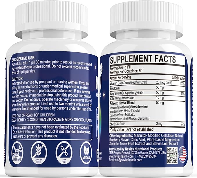 Melatonin 50 mg for Adults - Extra Strength 9-in-1 Fast Dissolve Sublingual - w/Vitamin D3 & MSM, Relaxing Herbal Blend-Ashwagandha, Lemon Balm, Passionflower,Chamomile,Sugar Free, Vegan 60 Servings