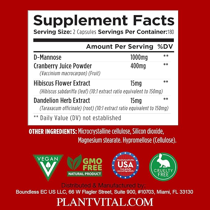 Plantvital D Mannose Capsules with Cranberry - D-mannose 1000mg Capsules - High Potency for Bladder, Kidney and Urinary Tract Support. Cranberry Powder with Hibiscus and Dandelion. 6 Months Supply