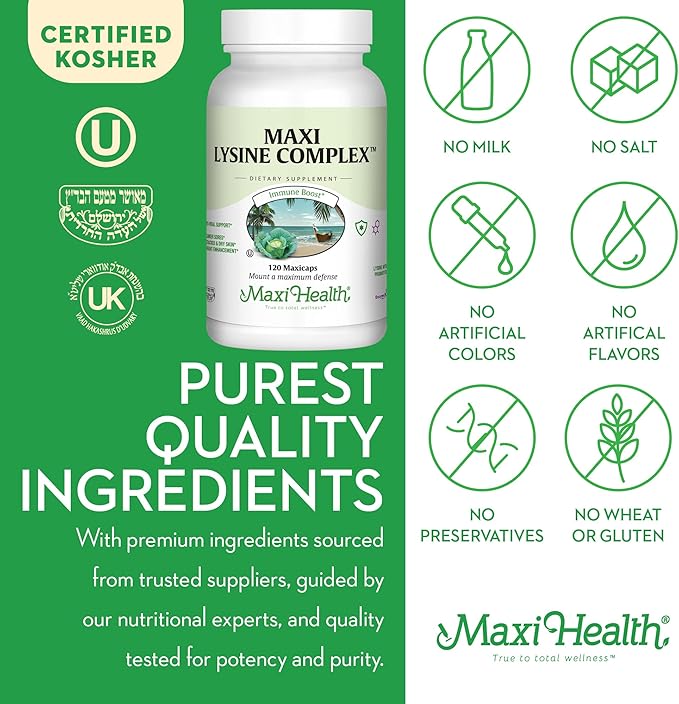 Maxi Health Lysine Complex with Probiotics - L-Lysine 1000mg for Protein Synthesis Canker Sores, and Skin – 60 Capsules