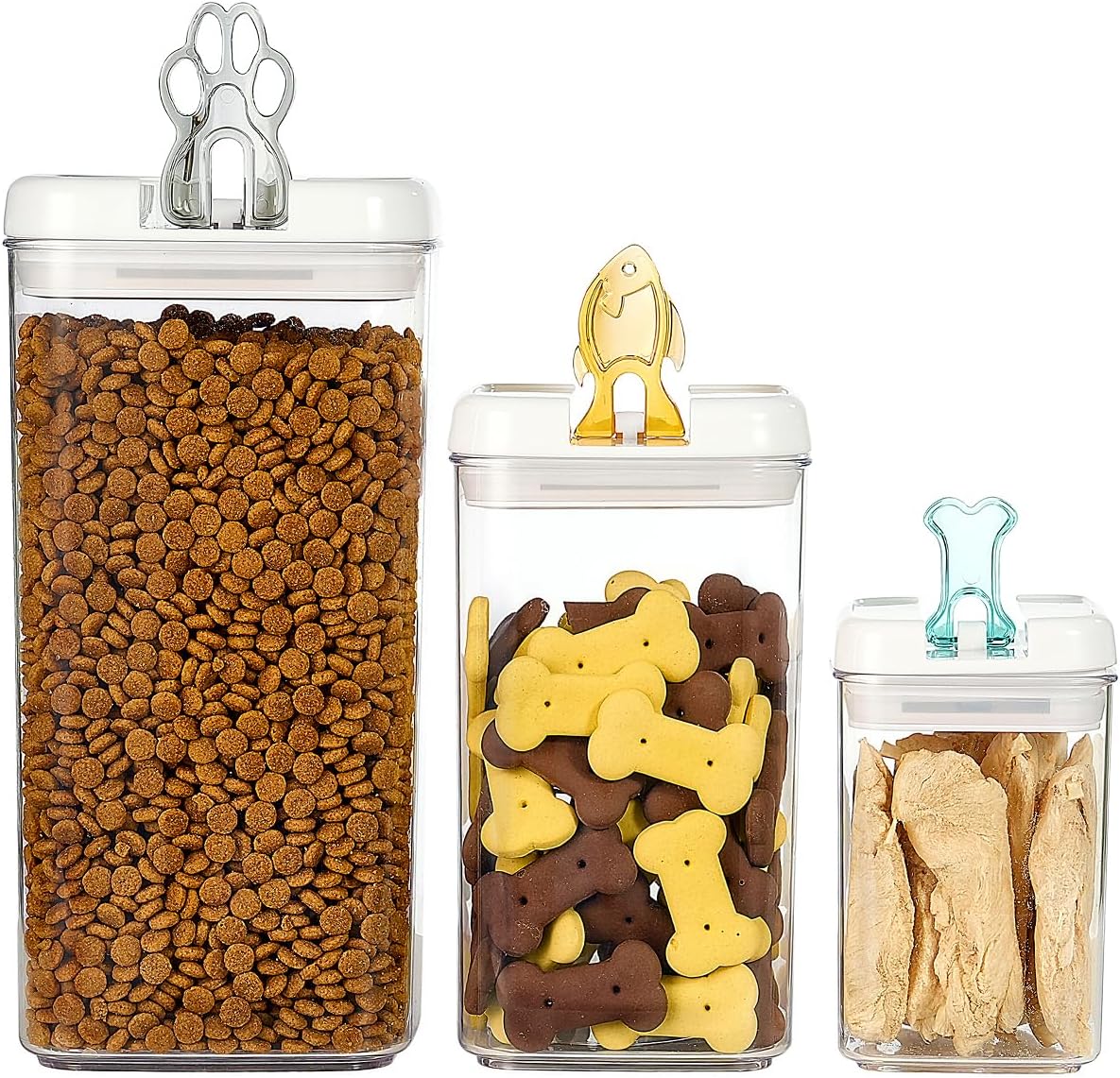 Felli Flip Tite Pet Food Container with Airtight Lids, BPA FREE Acrylic Canister with Paw Bone Fish Flip Top Handles for Cat Dog Kibble Treats Storage, Keep Fresh (Pet Collection Nest-L 3pk)