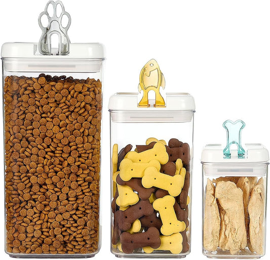 Felli Flip Tite Pet Food Container with Airtight Lids, BPA FREE Acrylic Canister with Paw Bone Fish Flip Top Handles for Cat Dog Kibble Treats Storage, Keep Fresh (Pet Collection Nest-L 3pk)
