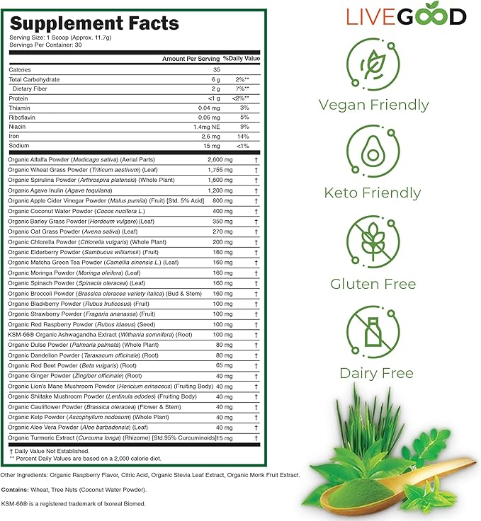 LiveGood Super Greens Powder Organic Superfood with Wheat Grass Powder, Daily Superfood Powder for Immune Support, Energy and Detox, Green Juice Powder Supplement (30 Servings), 12.38 Oz