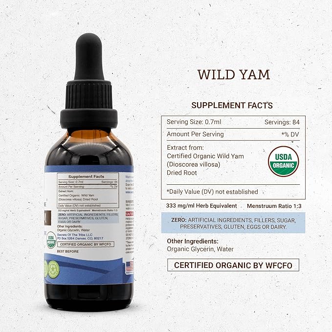 Secrets of the Tribe Wild Yam USDA Organic | Alcohol-Free Extract, High-Potency Herbal Drops, Digestion | Made from 100% Certified Organic Wild Yam (Dioscorea Villosa) Dried Root 2 oz